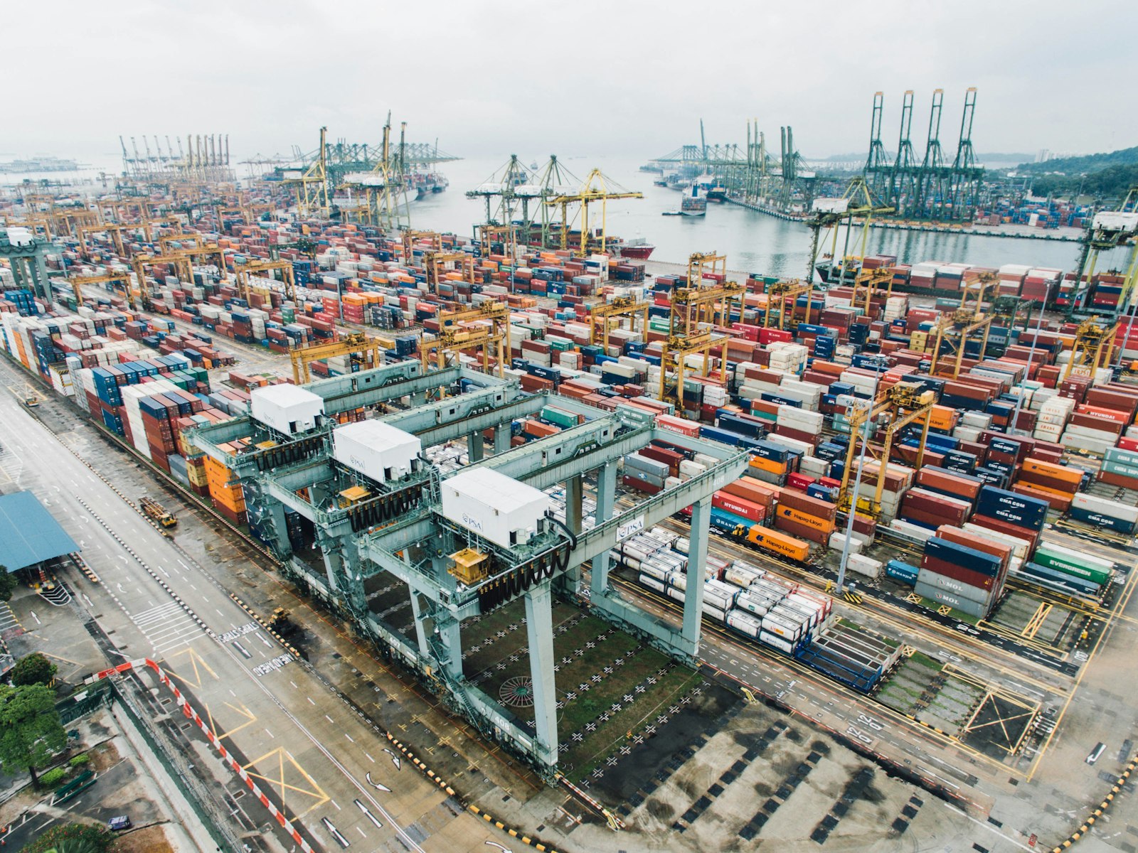 Container port with cargo ships